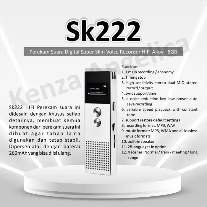 SK222 Perekam Suara Digital Super Slim Voice Recorder HIFI Alloy - 8GB