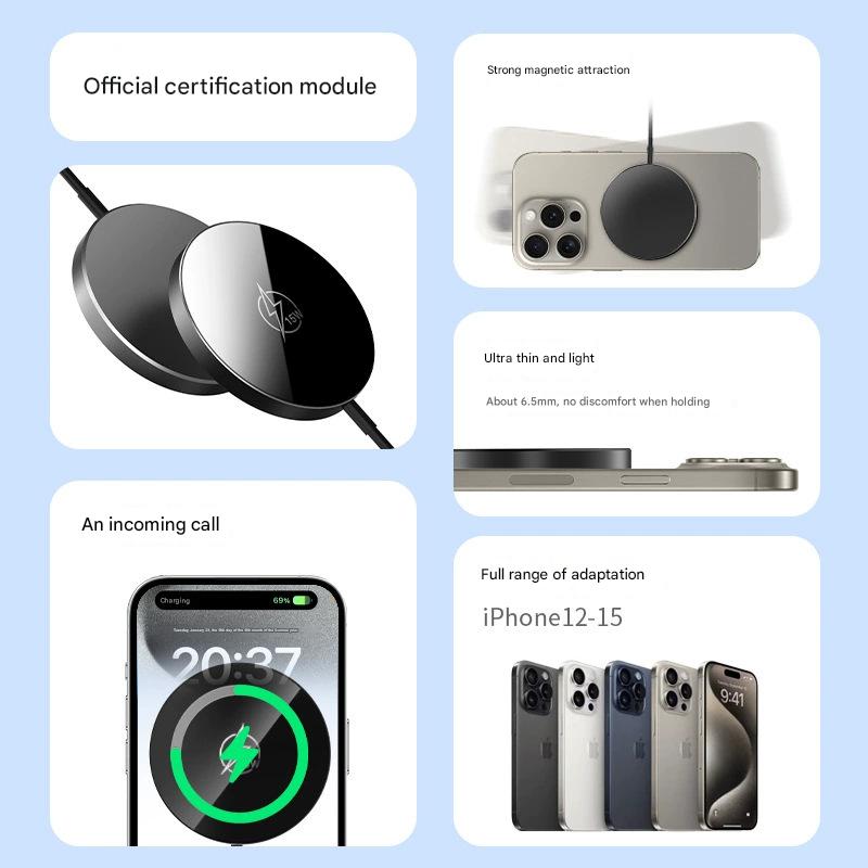 Magnetic wireless charger compatible with iPhones, true 15W wireless charging, MagSafe wireless charging