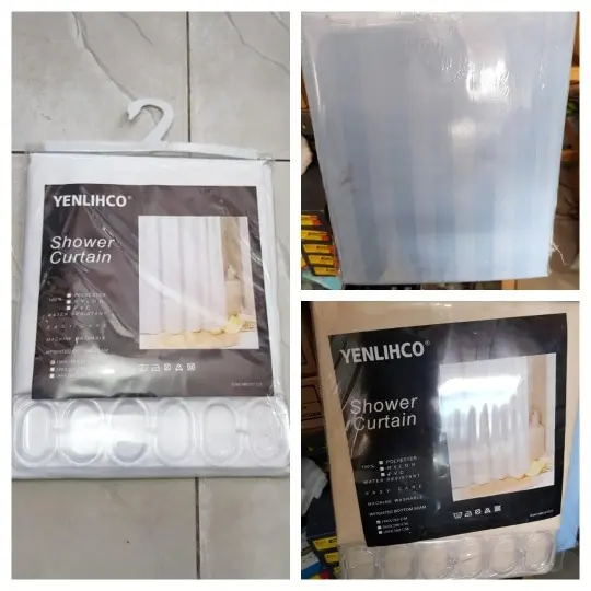 tirai kamar mandi yenlihco polyster putih biru dan cream