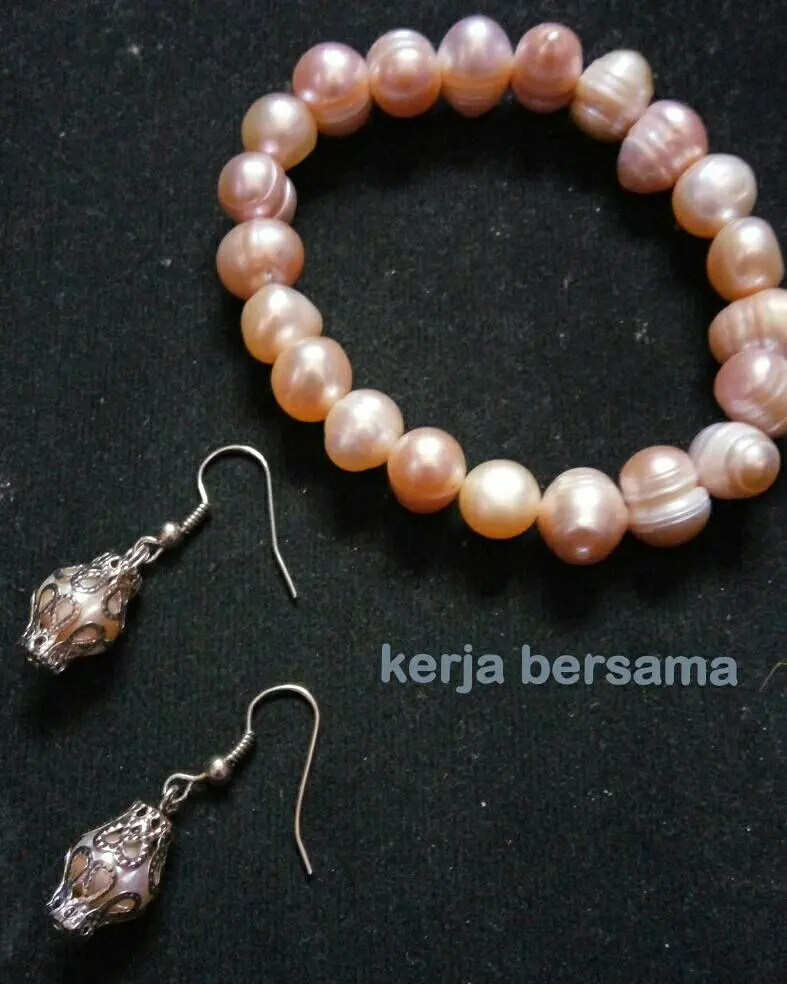 anting dan gelang mutiara pink asli air tawar