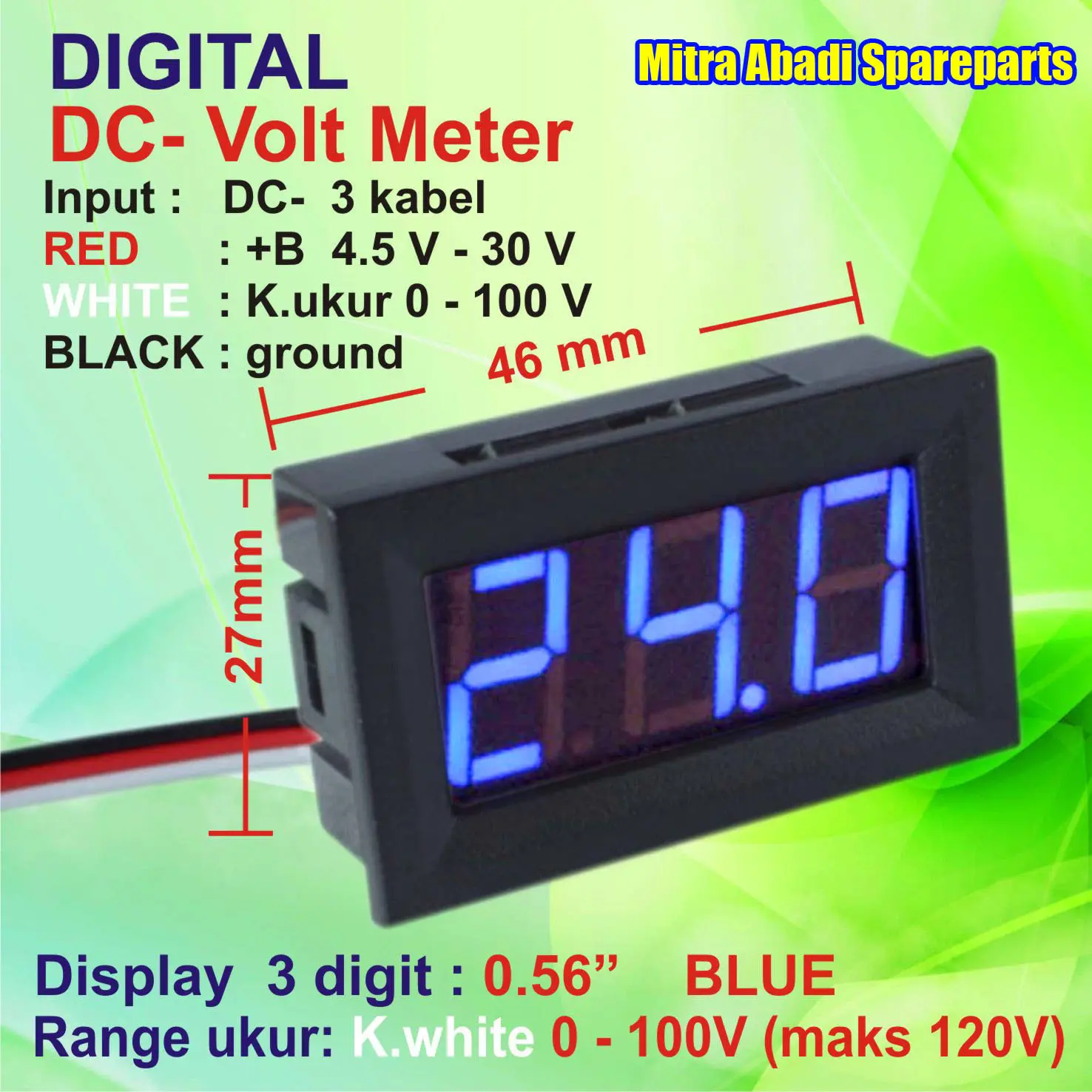 Voltmeter DC 0V-100V/0-100 Volt Digital With Frame 3 Kabel Blue/Biru