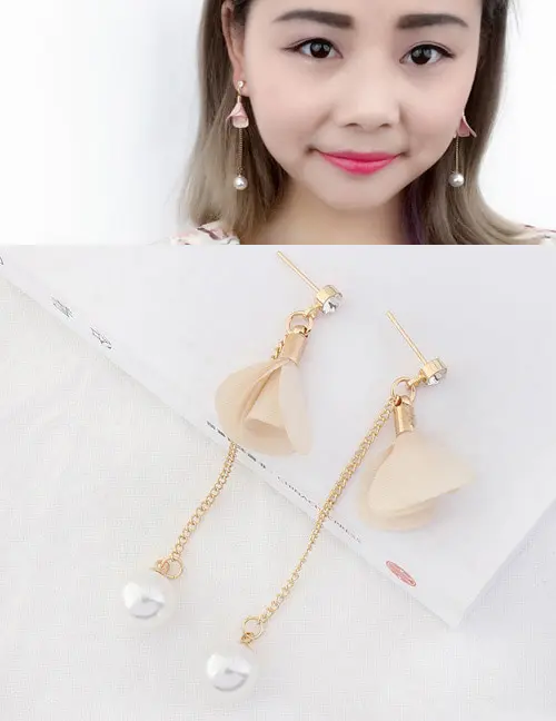 Anting Tusuk Fashion Apricot Flower&pearls Decorated Long Y57744 0