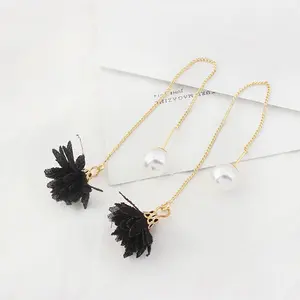 Anting Tusuk Fashion Black Flower&pearls Decorated Long Y57763
