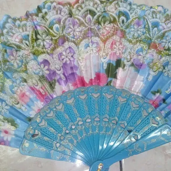 SALE Kipas Satin Warna Glitter Motif Bunga 1