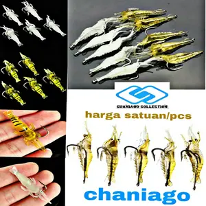 5Pcs Umpan Pancing Udang Laut Soft Lure Menyala Dalam Gelap Hook Kail Ikan