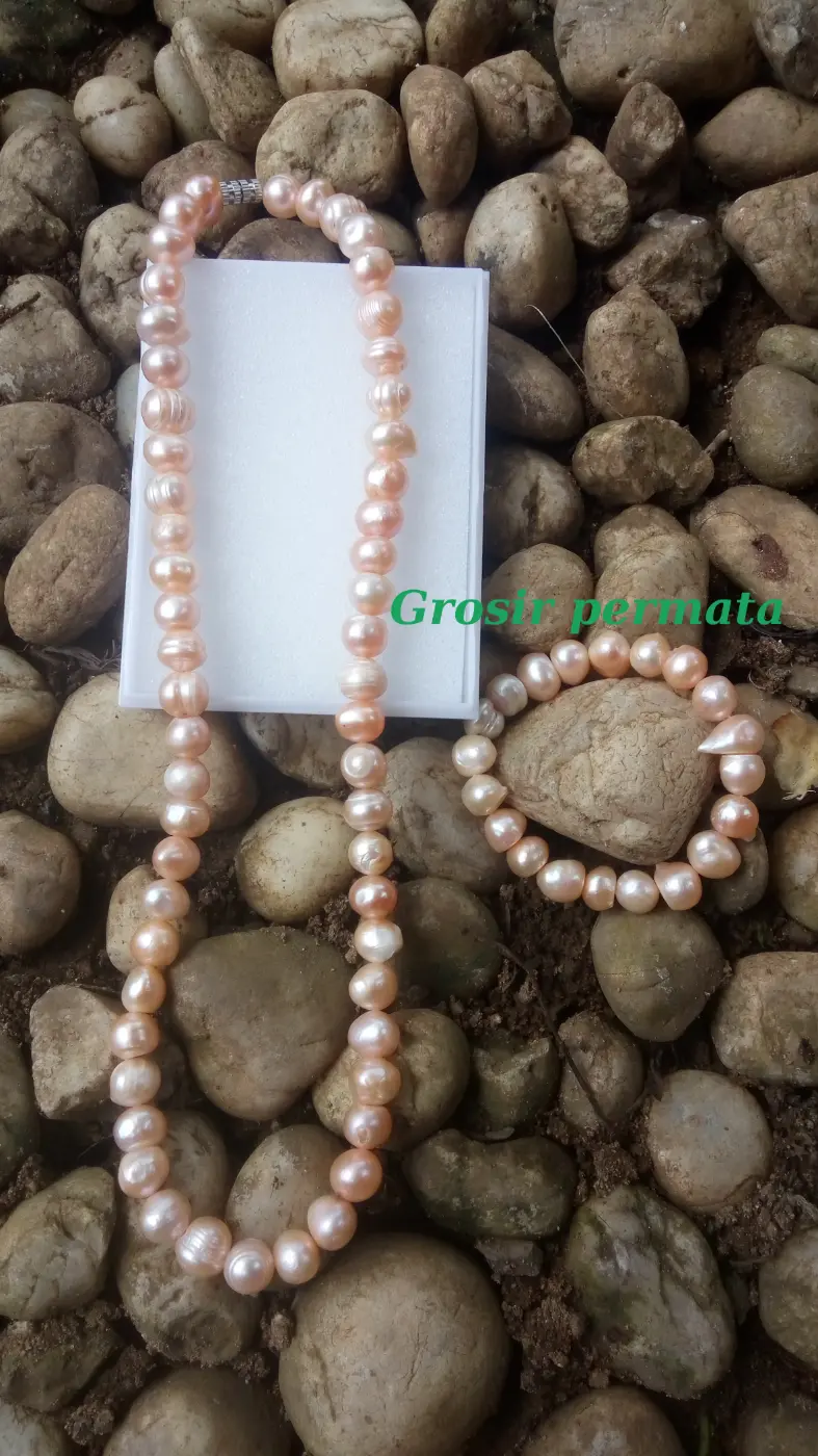 Set kalung dan gelang mutiara soft pink asli air tawar bulat
