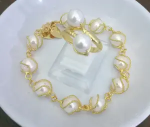 set perhiasan gelang dan cincin mutiara shell putih lapis emas 24k