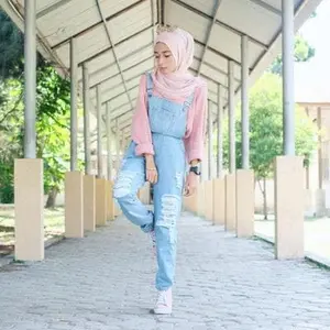 Overall Ripped Jeans Tanpa Dalaman - Jumpsuit Muslimah Light Blue
