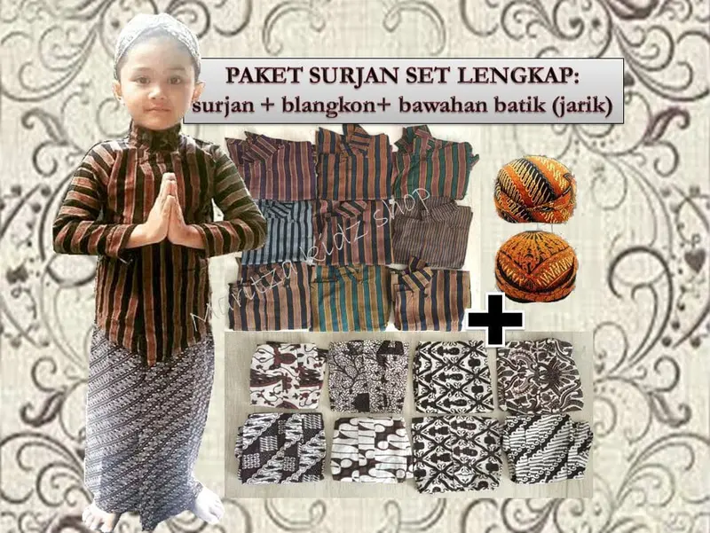 Baju Kostum Adat Jawa Surjan Lurik SET Blangkon Kain Bawahan Anak 0