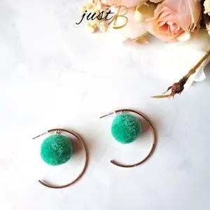 [READY] Anting Korea Half Hoop Pompom Turquoise E058