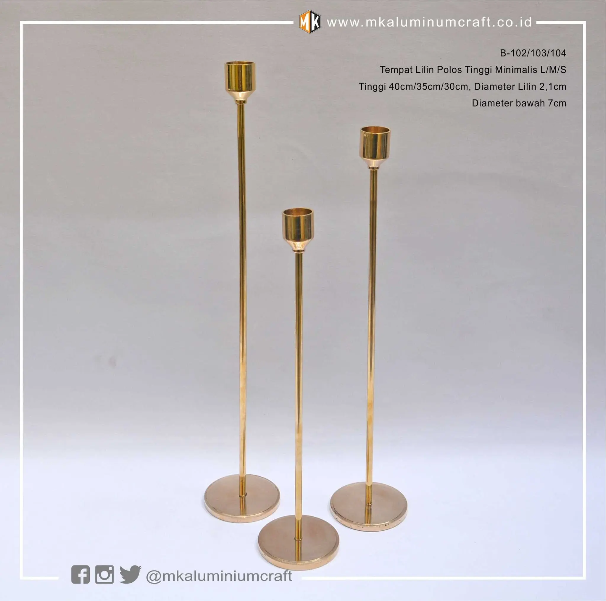 Tempat Lilin Tinggi Polos Minimalis 40 35 30 cm set 3 Kuningan