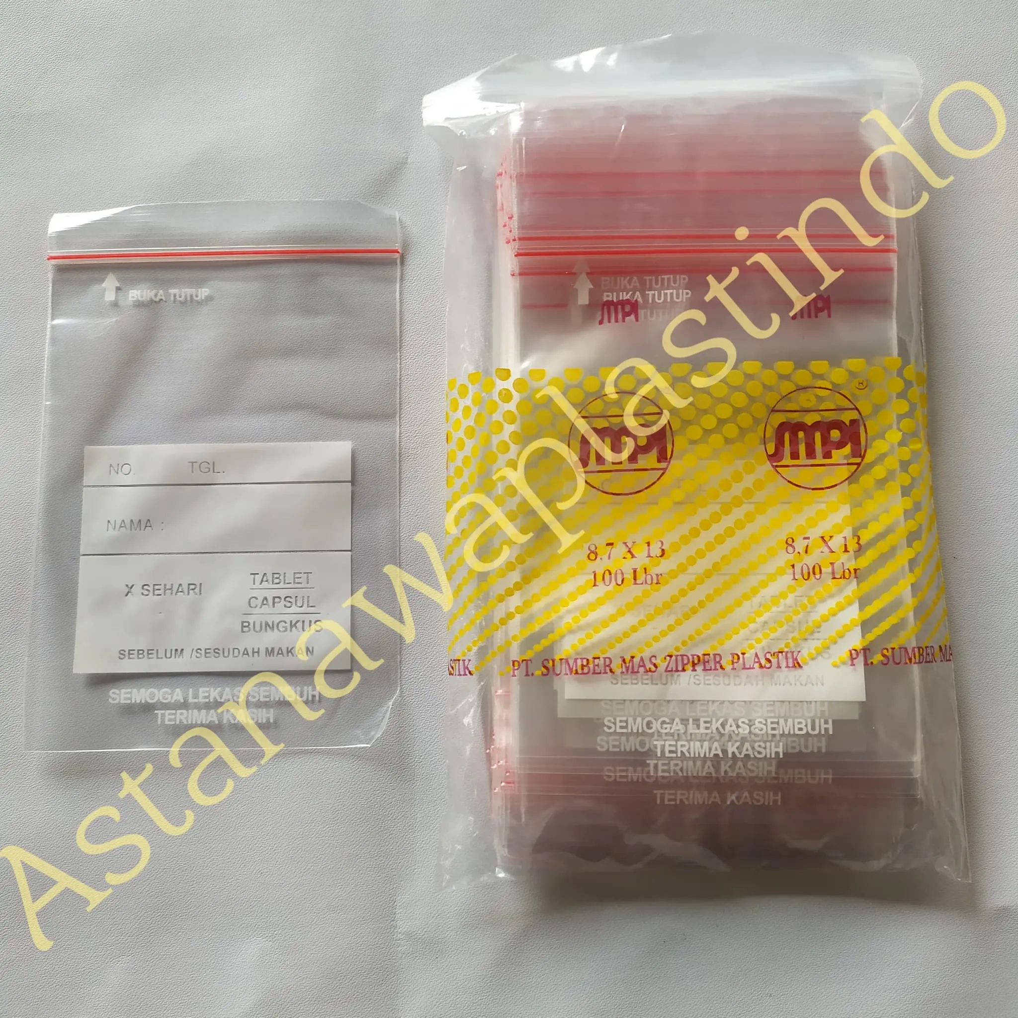 plastik klip obat 8,7x13 SMPI /zipplock / zipper bening sablon