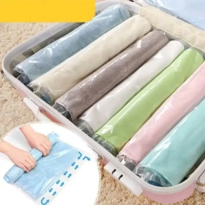 Kantong Vakum Pakaian Baju Travel Portable Vacuum Gulung Tanpa Pompa