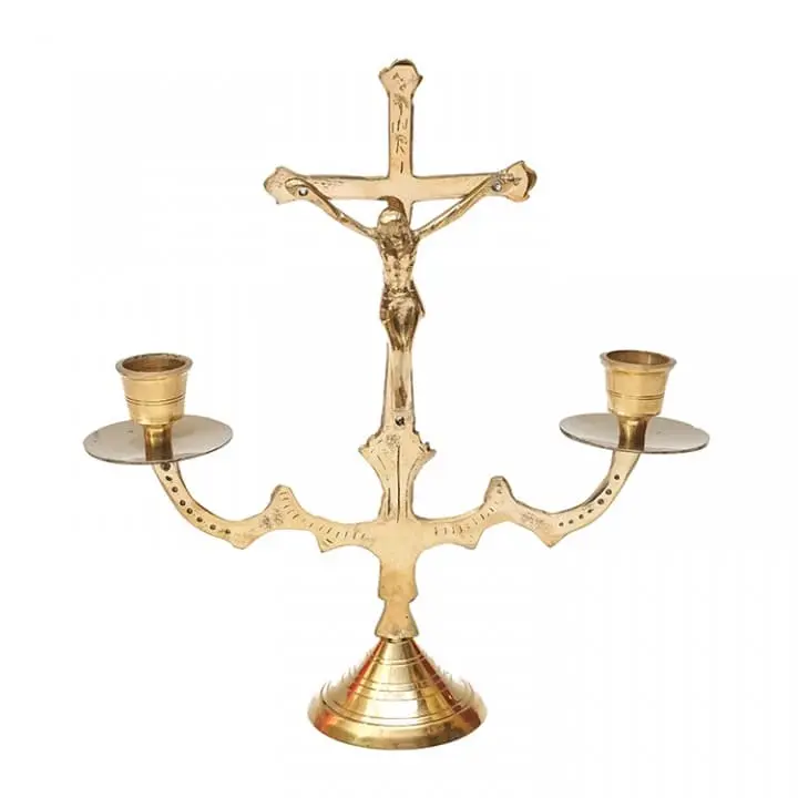 Tempat Lilin Kuningan Salib Cabang 2 / 21cm - Tempat Lilin Rohani