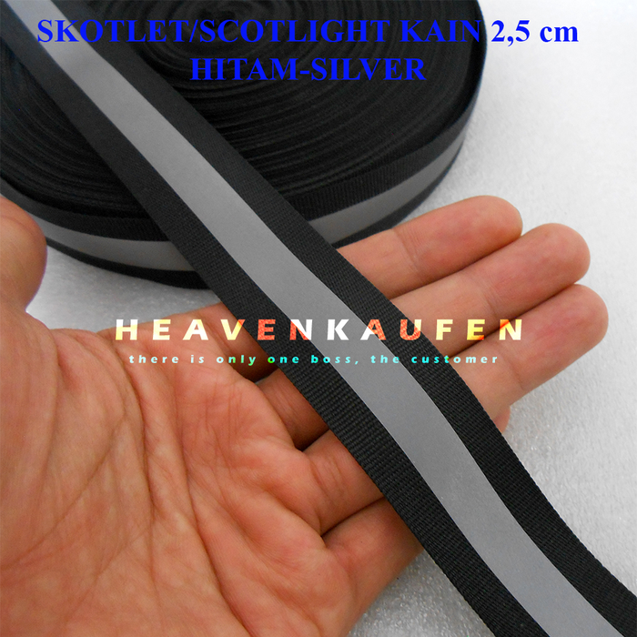 Gambar Pita Skotlet Scotlight Scotlite Reflective Kain 2,5 cm Hitam - Silver dari Heaven Kaufen Kota Malang Tokopedia