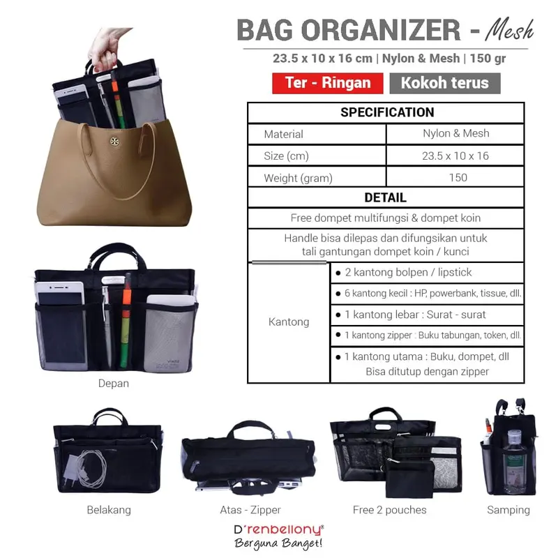 Drenbellony Hand Bag Organizer Mesh - Tas Organizer Ringan-Tas Wanita 4