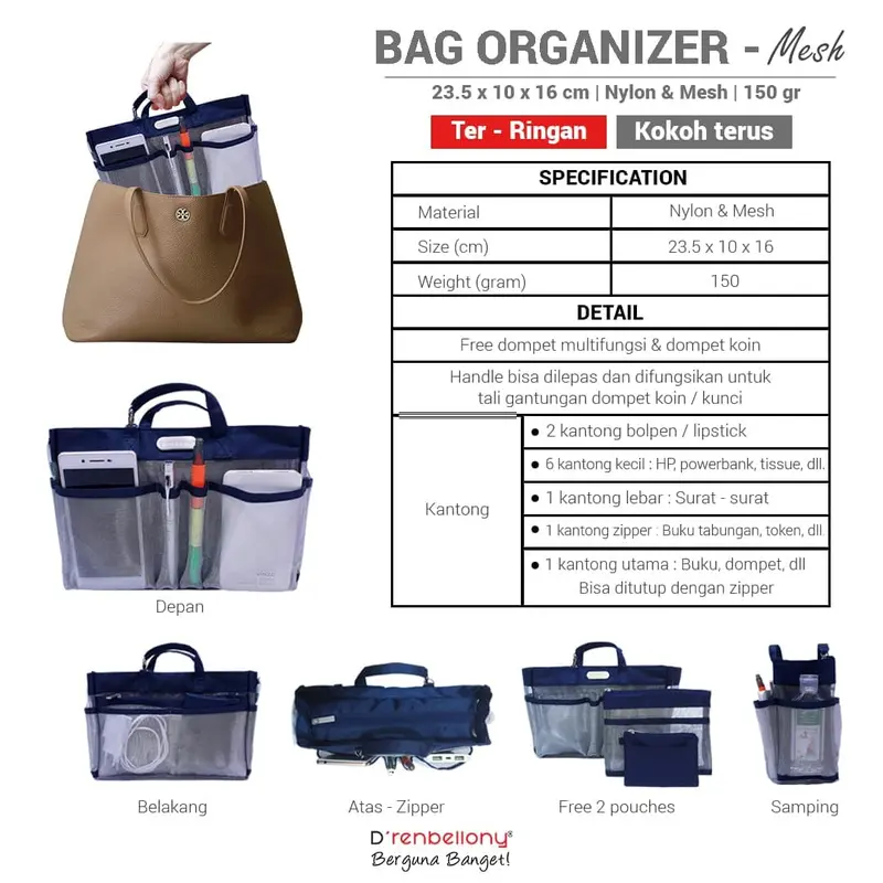 Drenbellony Hand Bag Organizer Mesh - Tas Organizer Ringan-Tas Wanita 0