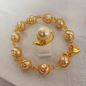 Set Perhiasan Gelang Cincin Mutiara Sel Ikat Lapis Emas 24k