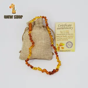 OMWshop Kalung Amber Tumbuh Gigi Bayi 6 Cognac 6 Gold 100% USA Lab