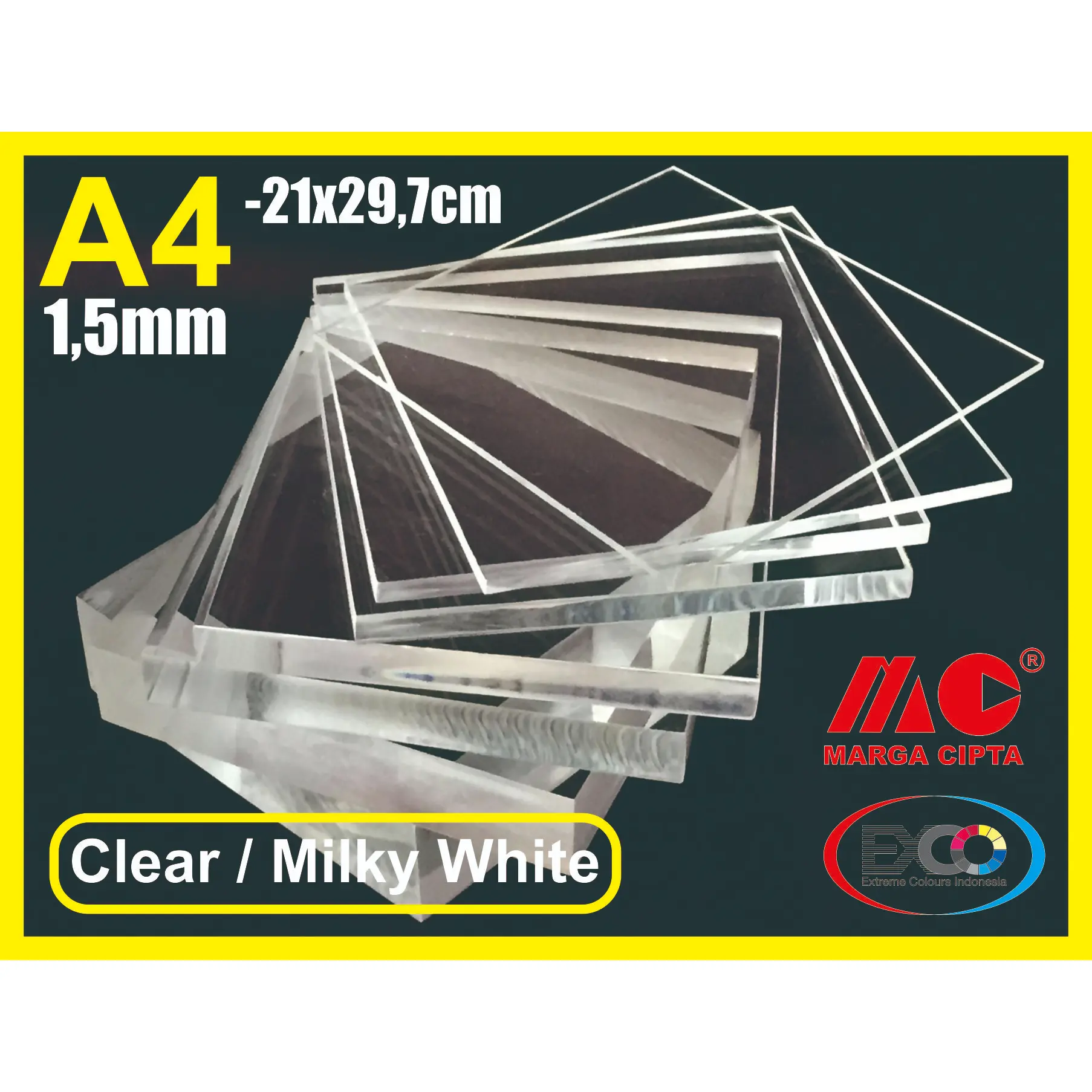 Akrilik lembaran 1,5mm,Ukuran A4 (21x29,7cm) Bening & Putih Susu