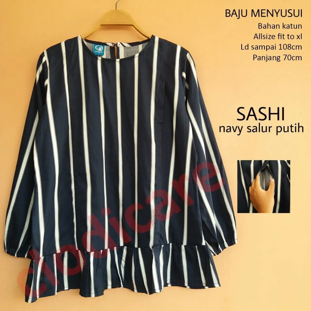 Mamigaya Baju Atasan Hamil Menyusui Sashi Navy Salur Putih