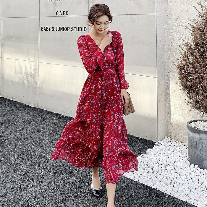 Jual women chiffon long dress casual long sleeve korean printed floral -  Kota Administrasi Jakarta Pusat - Rumah Letisa | Tokopedia