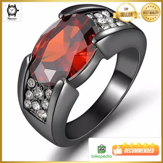 Cincin Pria Batu Akik Rubi Merah Red Garnet Modern Black Platted