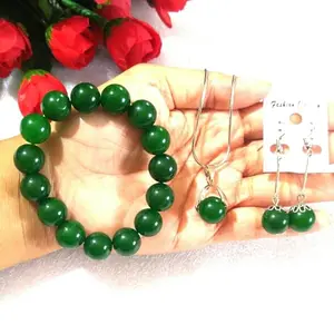 Perhiasan Set Kalung-Gelang-Anting Batu Giok Hijau Botol Asli Batu