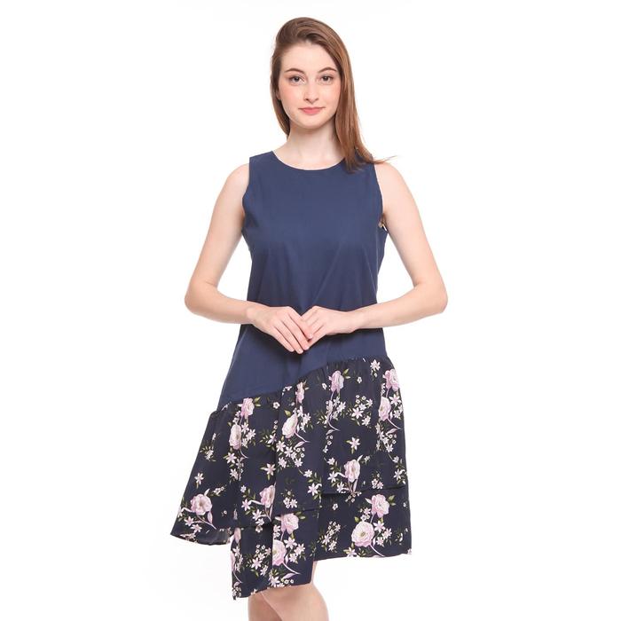 Gambar Basix - Linda Ruffle Floral Printed Dress - Biru Navy Motif Bunga dari Mal Golden Truly Store Kota Administrasi Jakarta Utara Tokopedia