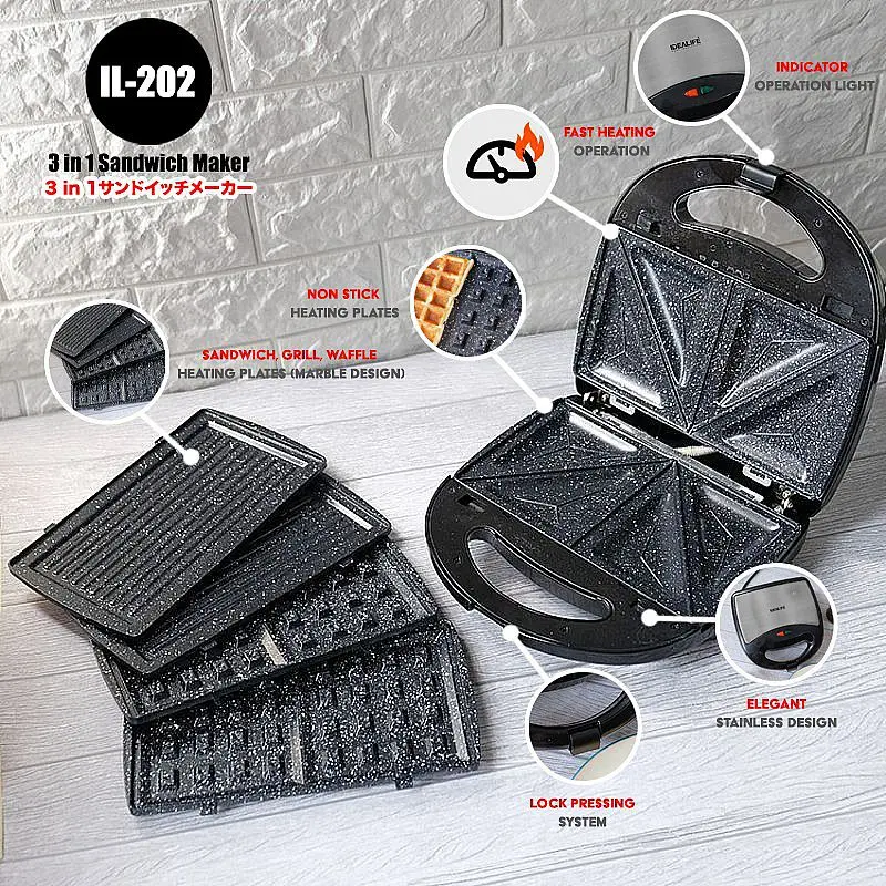 Sandwich Maker Toaster 3in1 Pemanggang Roti IL 202 IDEALIFE