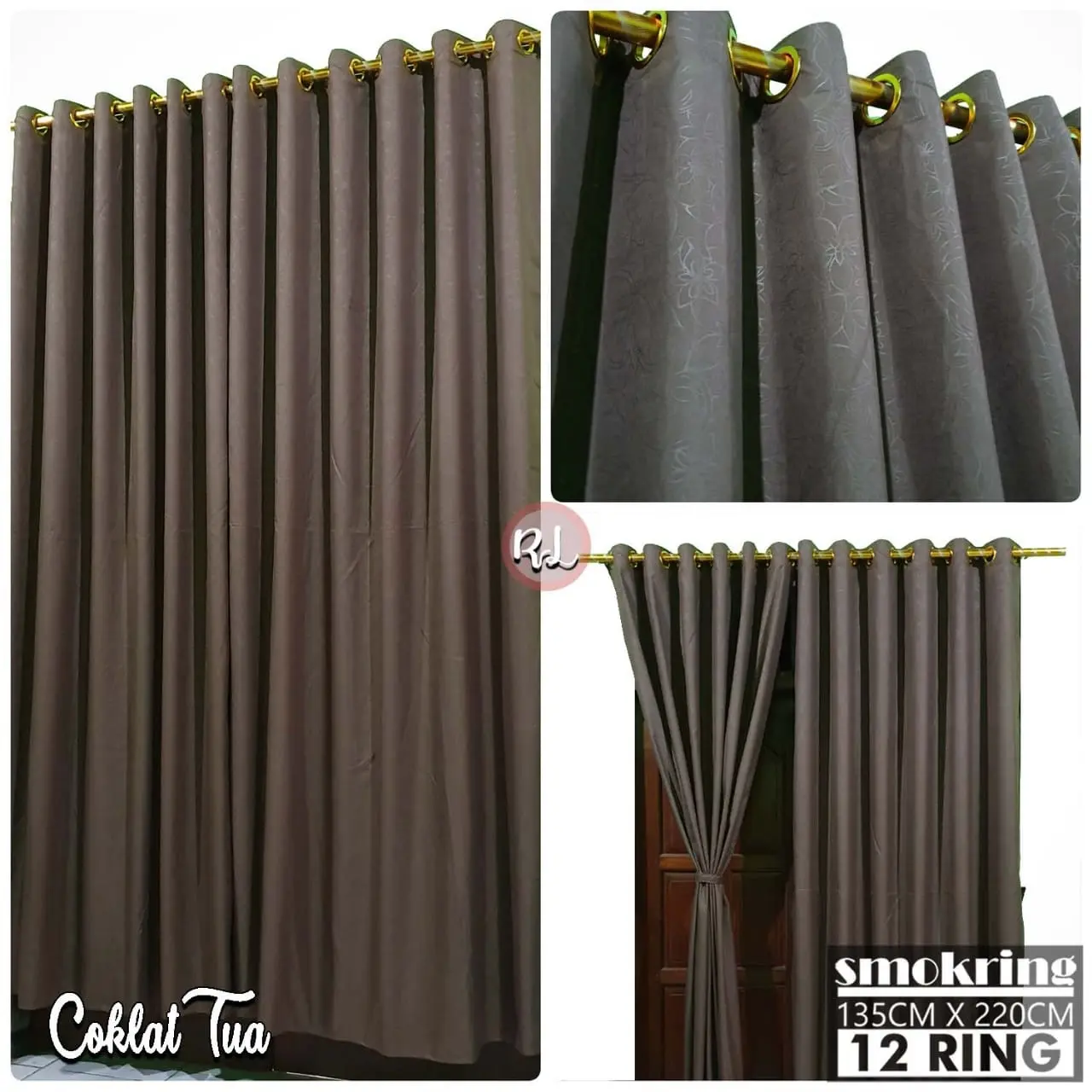 Gorden  Curtain jendela Pintu minimalis smokering Gold polos embos coklat tua murah Tali Merah