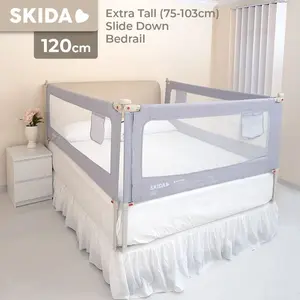 SKIDA Extra Tall 120cm Slide Down Bedrail Pagar Ranjang Bayi Grey Adjustable Height 75-103cm Double Lock Slide Down Safety Bar untuk Tempat Tidur