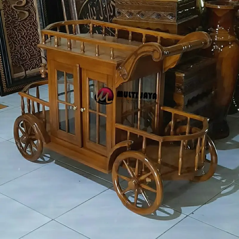 trolley jati, kereta dorong jati, lemari hias. meja tamu