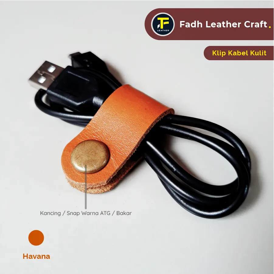 Klip Kabel Data Kulit Sapi Asli - Kancing ATG / Bakar - Warna Tan