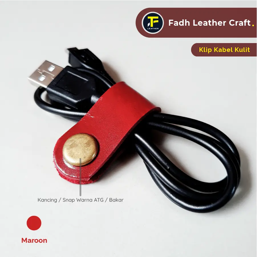 Klip Kabel Data Kulit Sapi Asli - Kancing ATG / Bakar - Warna Maroon