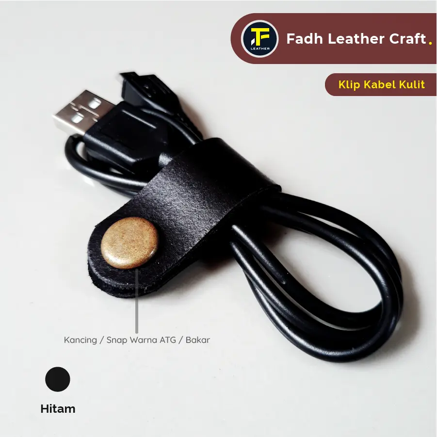 Klip Kabel Data Kulit Sapi Asli - Kancing ATG / Bakar - Warna Hitam