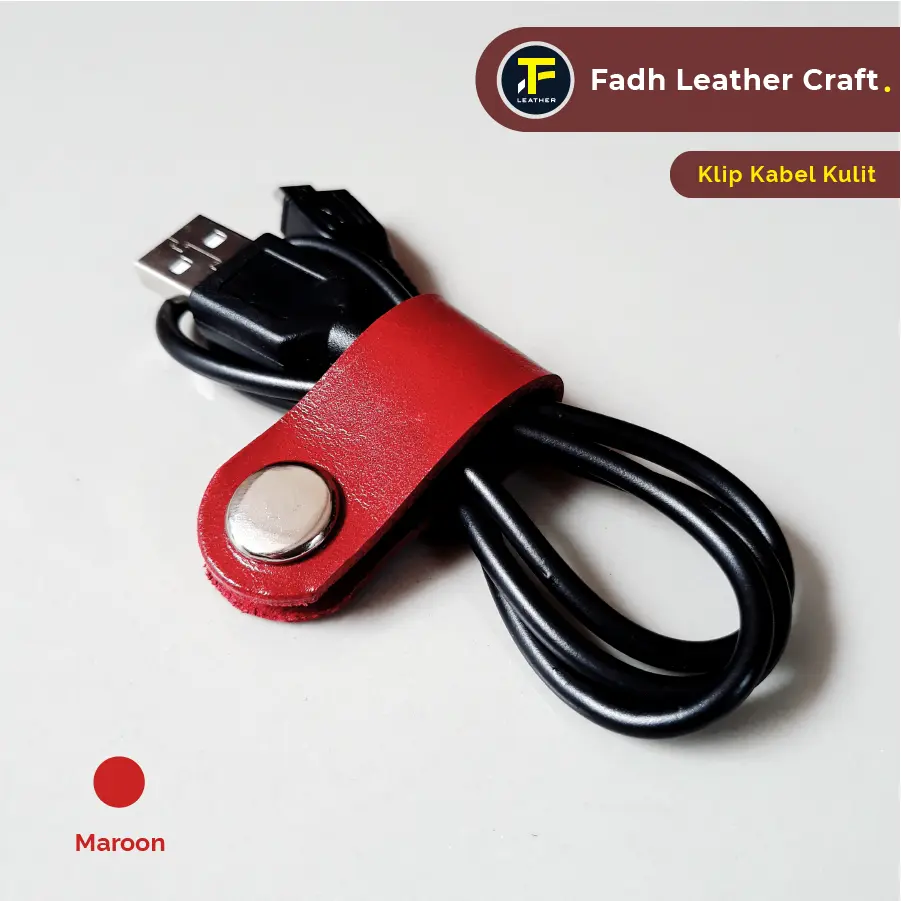 Klip Kabel Kulit Sapi Asli | Model Simple 1 Pcs | Warna Maroon
