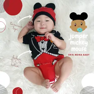 Ermon Baby - Baju Bayi Laki Laki Perempuan Jumper Baby Lucu Karakter Jas Miki Mickey Mouse + Topi usia 0 - 12 Bulan