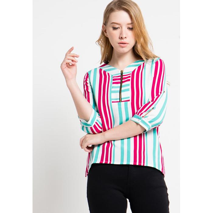 Gambar FAME | 9211460 | Blouse Wanita Lengan 7/8 Detail Zipper Putih Motif Salur Merah/Biru Muda - Putih, S dari FAME Official Kota Surabaya Tokopedia