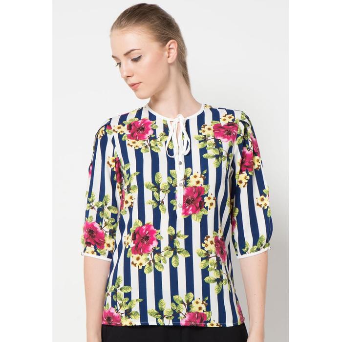 Gambar FAME | 9211445 | Blouse Wanita Lengan 7/8 Motif Salur Floral Navy - XL dari FAME Official Kota Surabaya Tokopedia