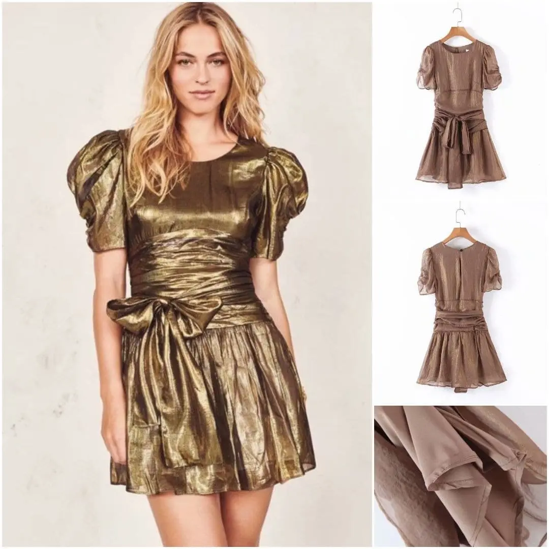 DRESS PESTA WANITA MINI DENGAN MODEL GLITTER EMAS BRONZE PREMIUM