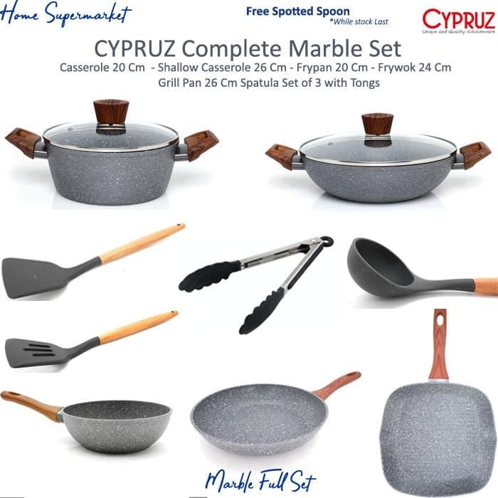 Cypruz Marble Set Complete Casserole Frywok Frypan Spatula Grill Pan ...