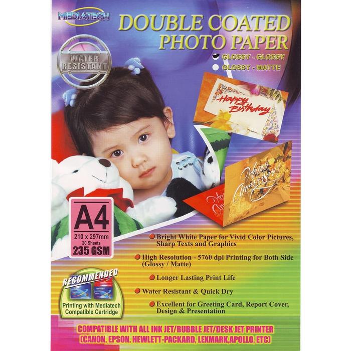 Gambar Mediatech Photo Paper A4 235 Gsm Double Side Glossy Glossy - 20 Sheet - 32003 dari Mediatech Travel Gadget Kota Administrasi Jakarta Utara Tokopedia