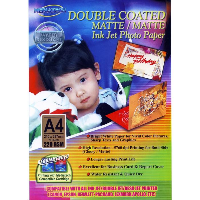 Gambar Mediatech Photo Paper A4 220 Gsm Double Side Matte Matte - 20 Sheet - 32001 dari Mediatech Travel Gadget Kota Administrasi Jakarta Utara Tokopedia