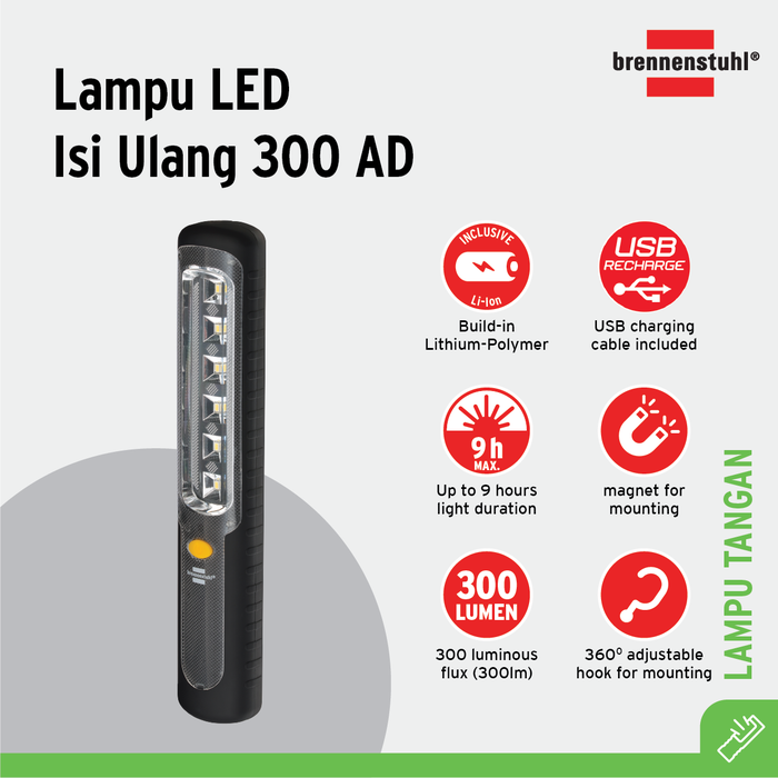 Gambar Lampu Senter Tangan Brennenstuhl LED Isi Ulang Manual 300 AD / Lampu Penerangan dengan Magnet & Gantungan - 1178590100 dari Brennenstuhl Indonesia Kota Administrasi Jakarta Utara Tokopedia