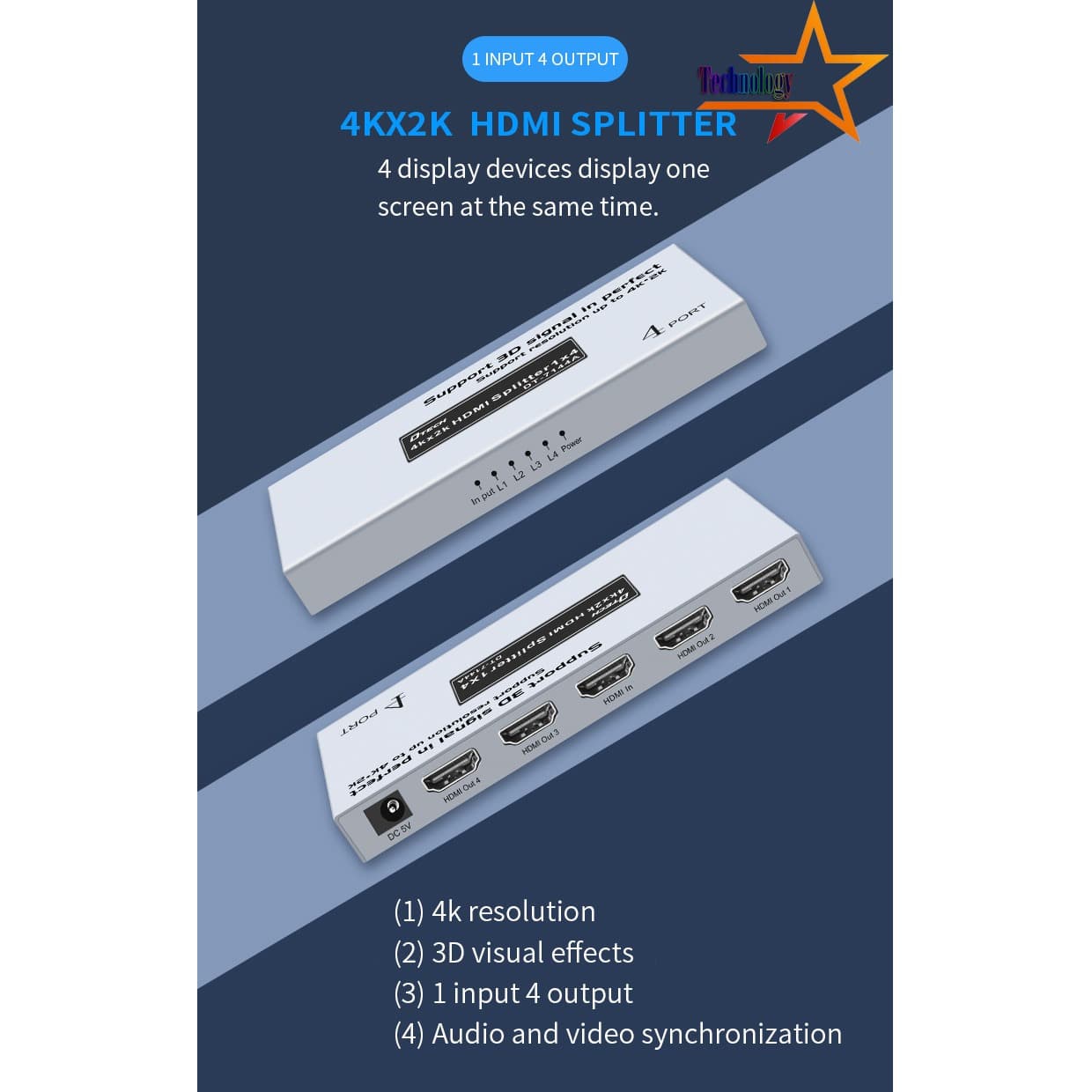 HDMI Splitter 1x4 Versi 1.4 Support Dual Monitors 4k*2k