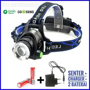 Paket Senter kepala / headlamp high power LED ZOOM charger + baterai