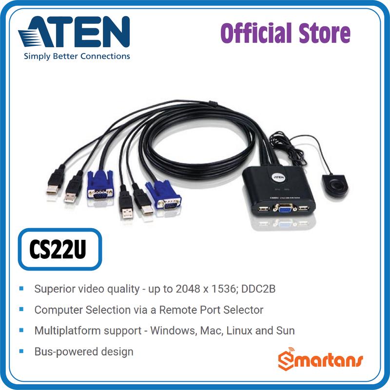 Aten CS22U - 2 Port USB VGA Cable KVM Switch with Remote Port Selector ...