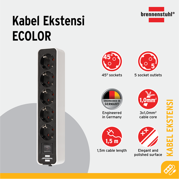 Gambar Brennenstuhl Ecolor Stop Kontak Kabel Ekstensi 5 Lubang Soket dengan Switch Saklar 1,5 meter Putih dari Brennenstuhl Indonesia Kota Administrasi Jakarta Utara Tokopedia