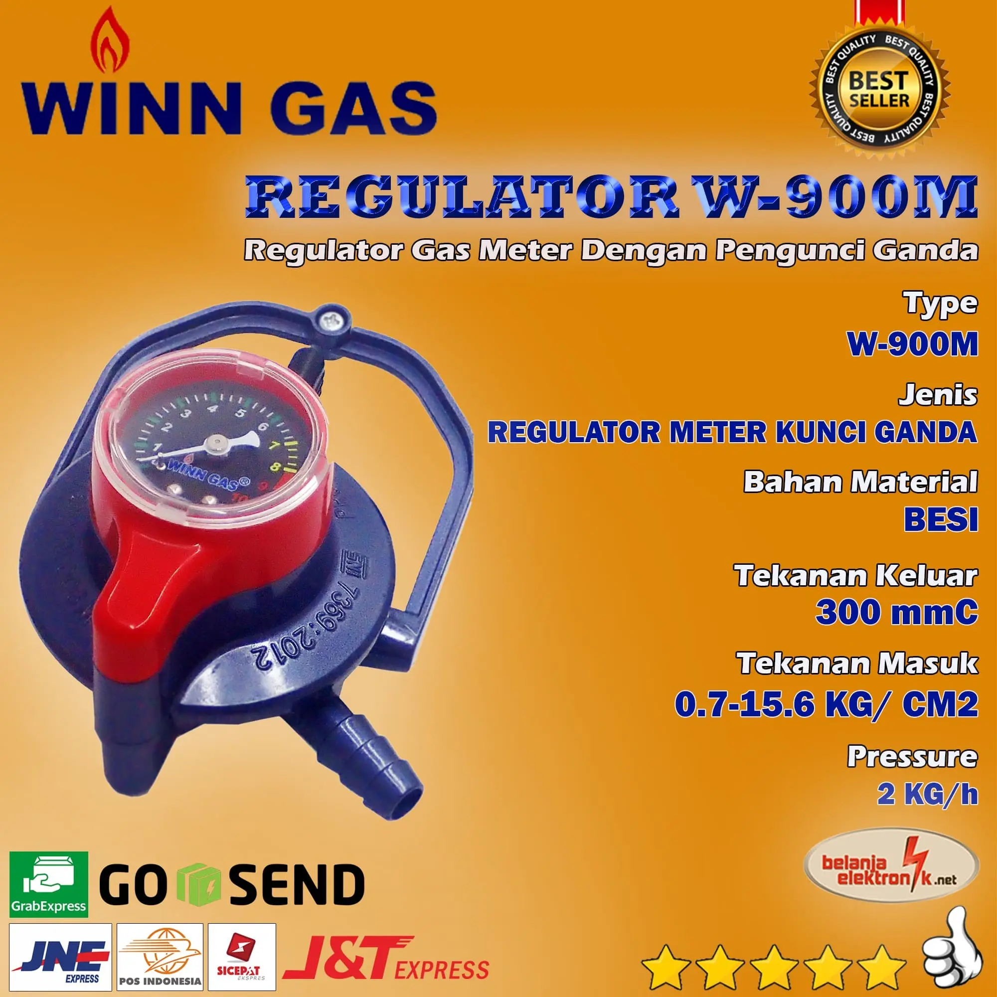 Regulator Winn Gas W-900 M Double Lock (Dengan Meteran / Meter) Kepala Gas LPG Tekanan Rendah Low Pressure